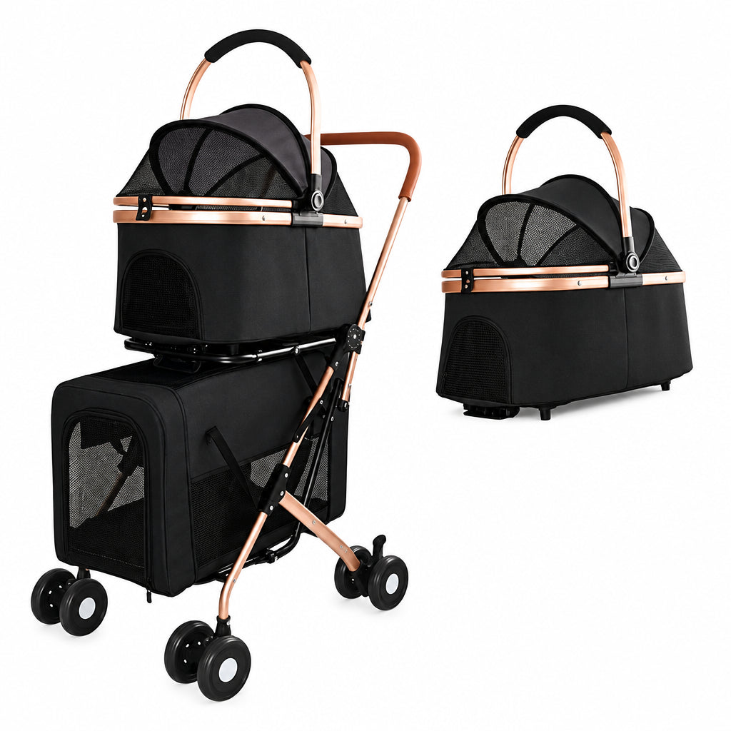 Black Double Pet Stroller with Two Detachable Carriers