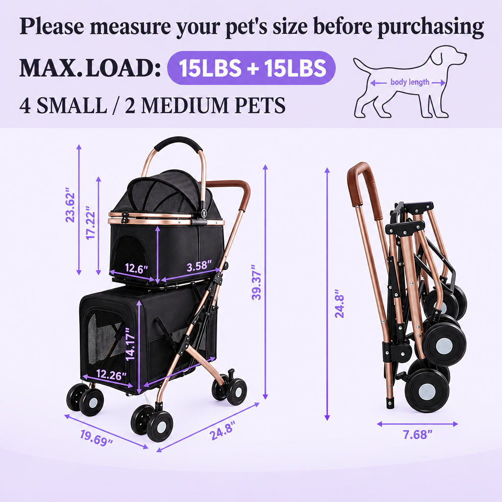 Black Double Pet Stroller with Two Detachable Carriers