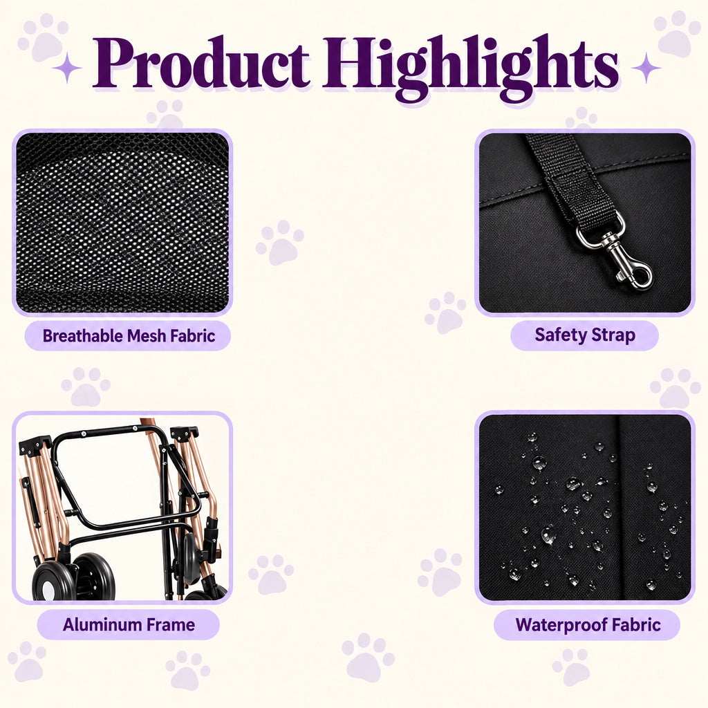Black Double Pet Stroller with Two Detachable Carriers