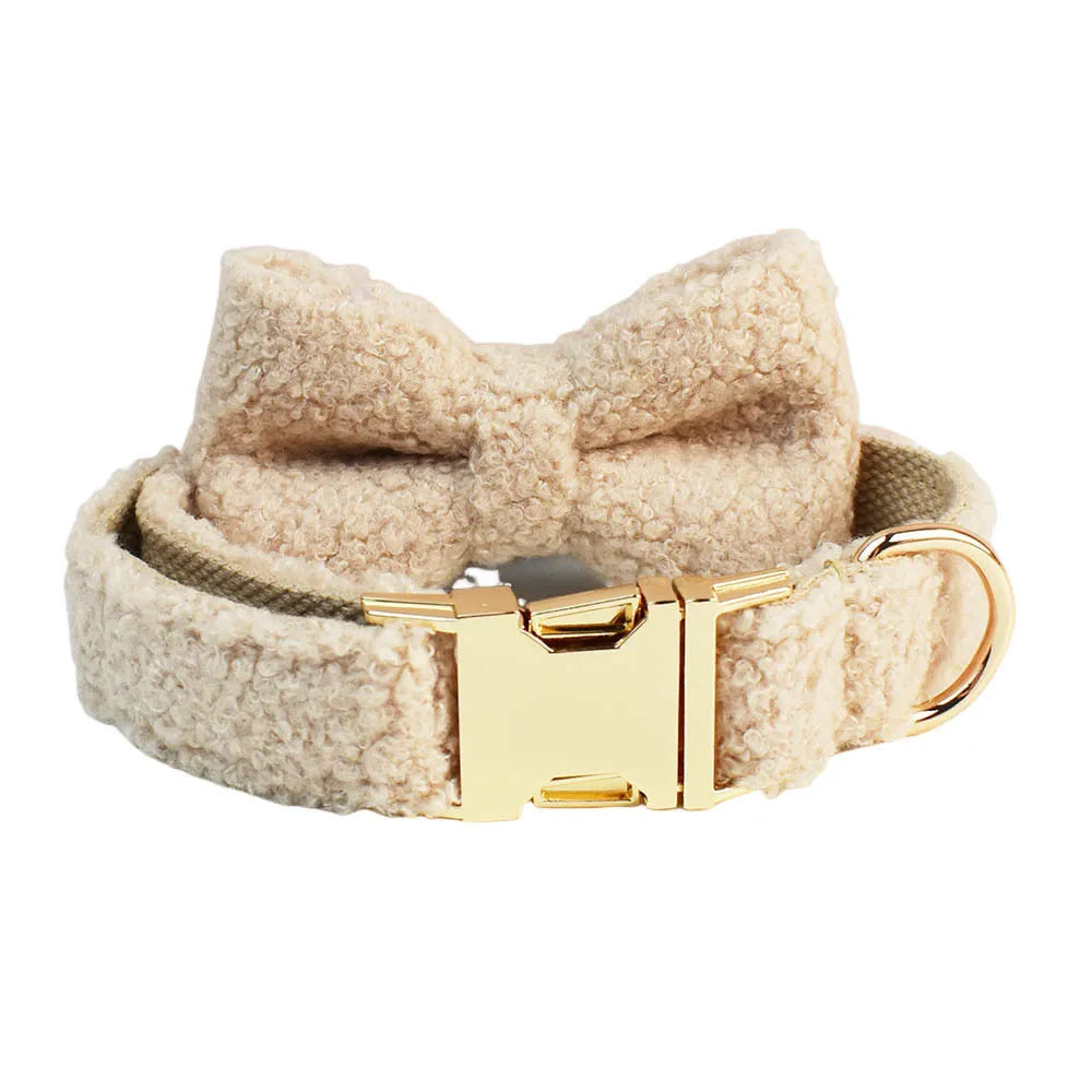 Beige Teddy Fleece Dog Collar, Bow & Leash Set
