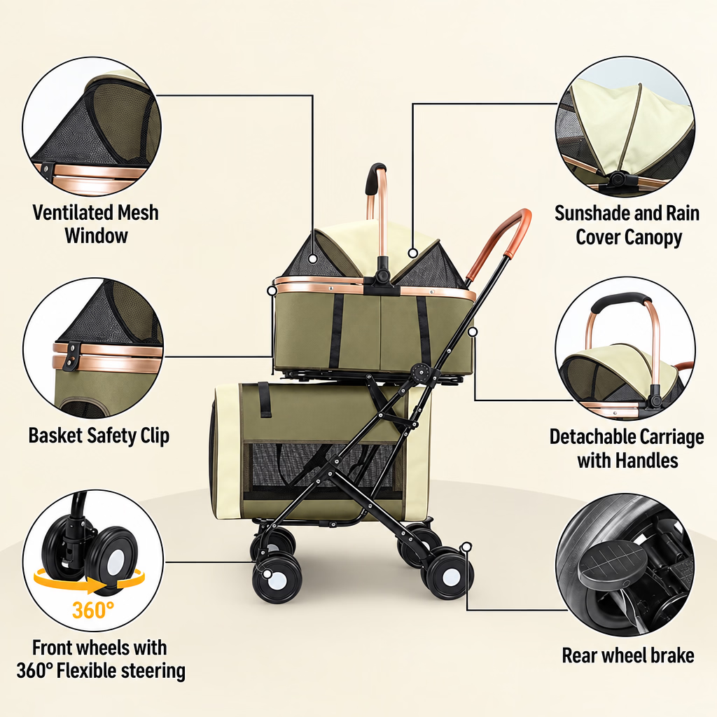Green Double Pet Stroller with Two Detachable Carriers