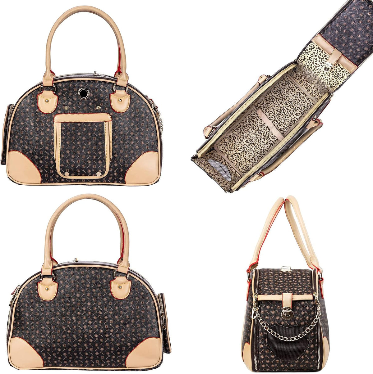 Collection of pet carriers with gold accents on a white background