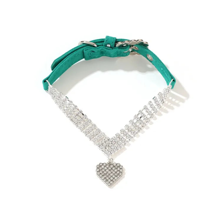 Green Rhinestone Heart Pendant Dog & Cat Collar