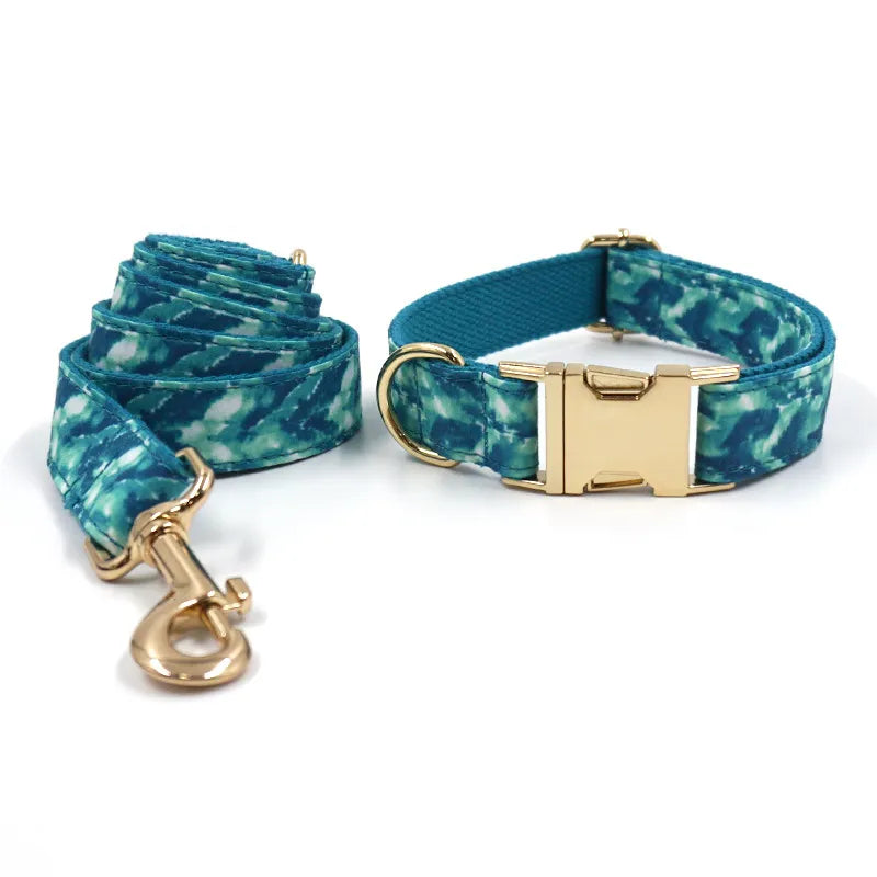 Teal & Blue Dog Collar and Leash Set with Gold Hardware