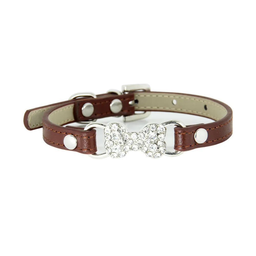 Brown Rhinestone Bone Faux Leather Dog Collar