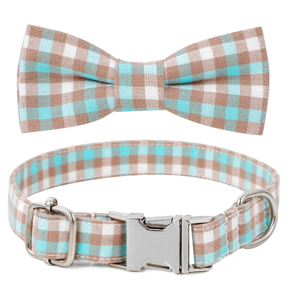 Light Blue, Tan & White Plaid Dog Collar with Removable Bow Tie