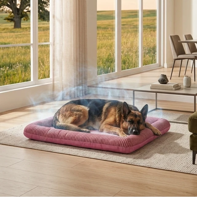 A German Shepherd rests on a pink ribbed rectangular dog bed placed on a light rug in a bright living room with large windows and a view of an open field.
