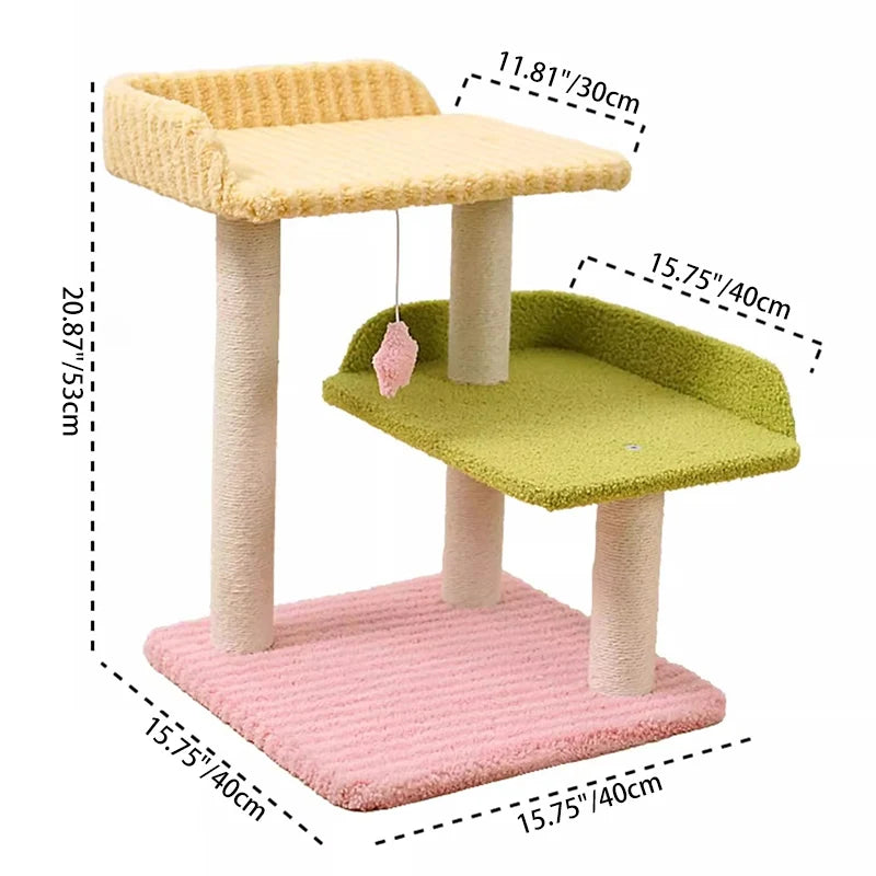 Pastel 3-Tier Cat Tree with Scratching Posts & Hanging Toy