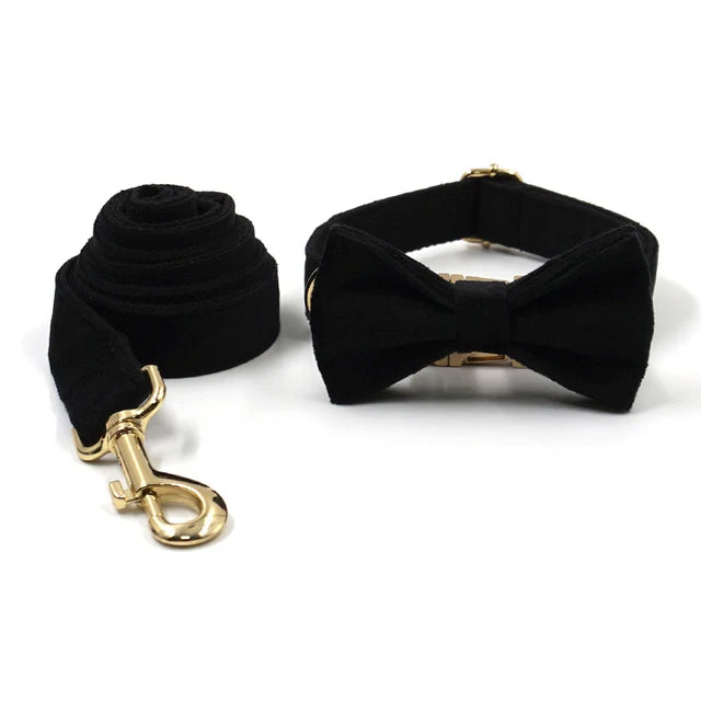 Black Velvet Dog Collar, Bow Tie & Leash Set
