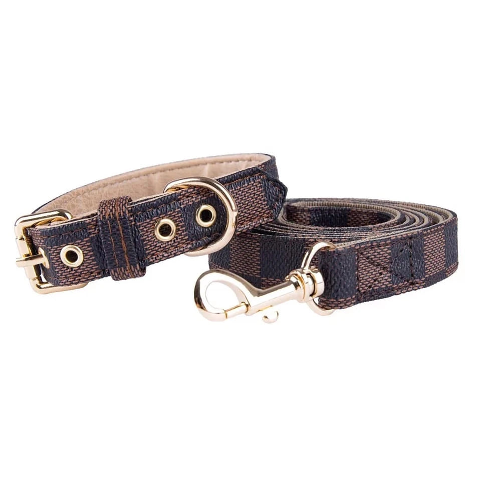 Brown Checkered Dog Collar & Matching Leash Set