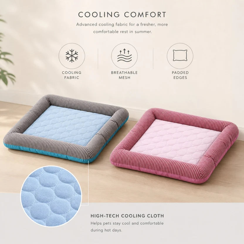 Two pet beds, one blue and one pink, with text highlighting cooling comfort features on a light background.
