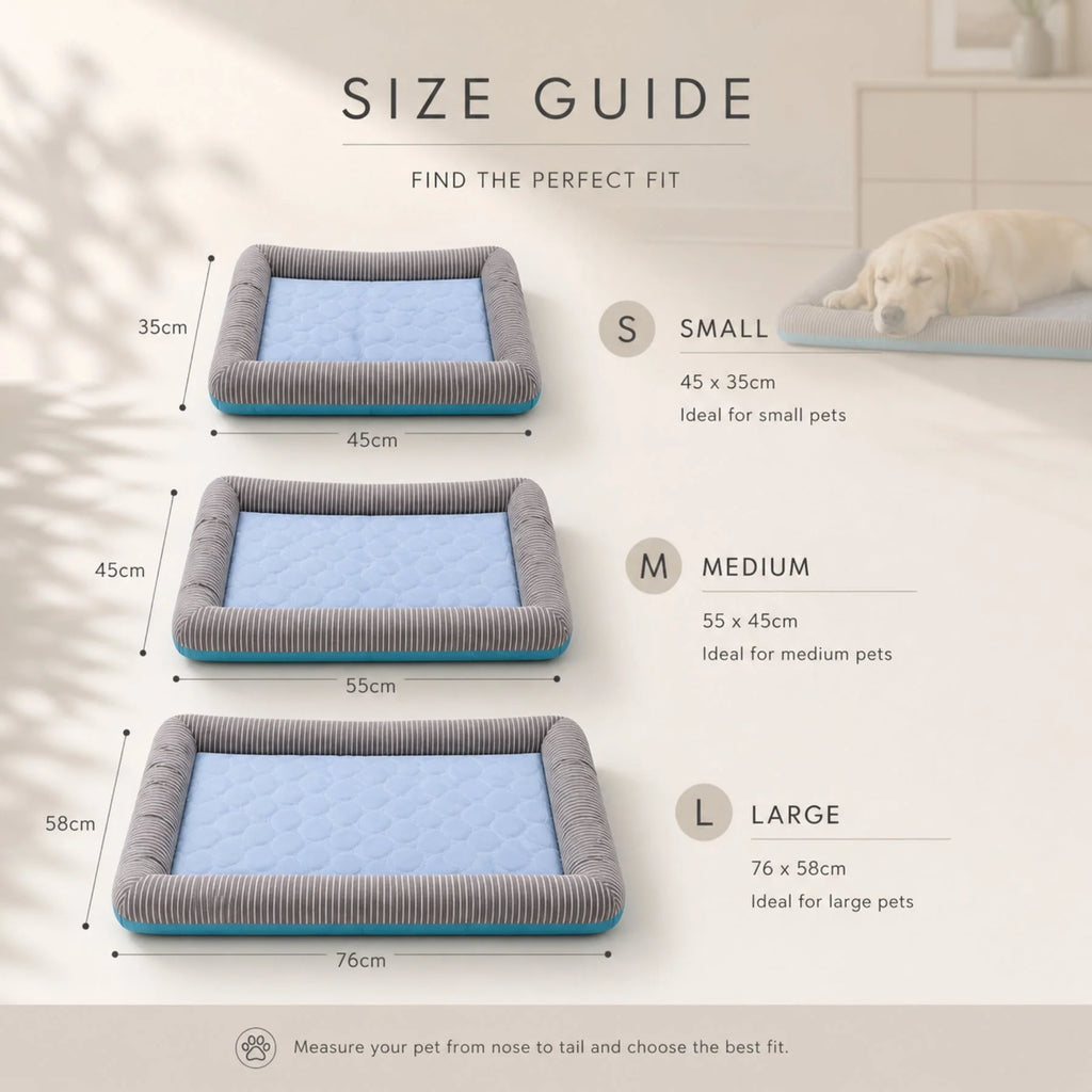 Size guide infographic for pet beds showing small, medium, and large dimensions with measurements in centimeters and text indicating ideal sizes for pets.