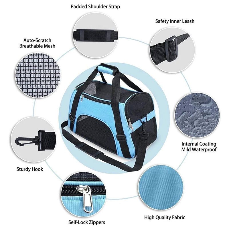 Pet carrier with features highlighted on a white background