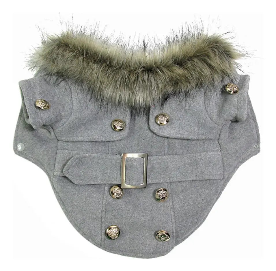 Gray Belted Pet Peacoat with Faux Fur Collar