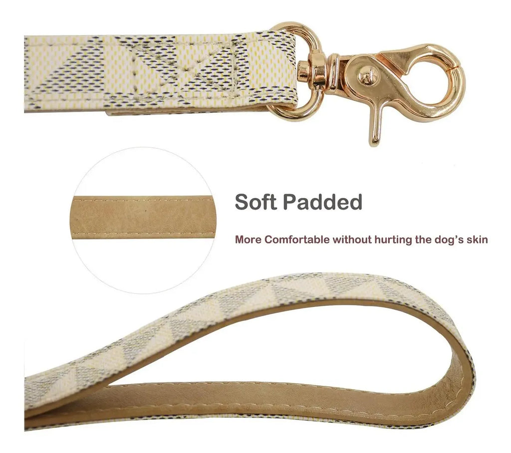 Beige & Gray Checkered Dog Leash with Gold-Tone Clasp