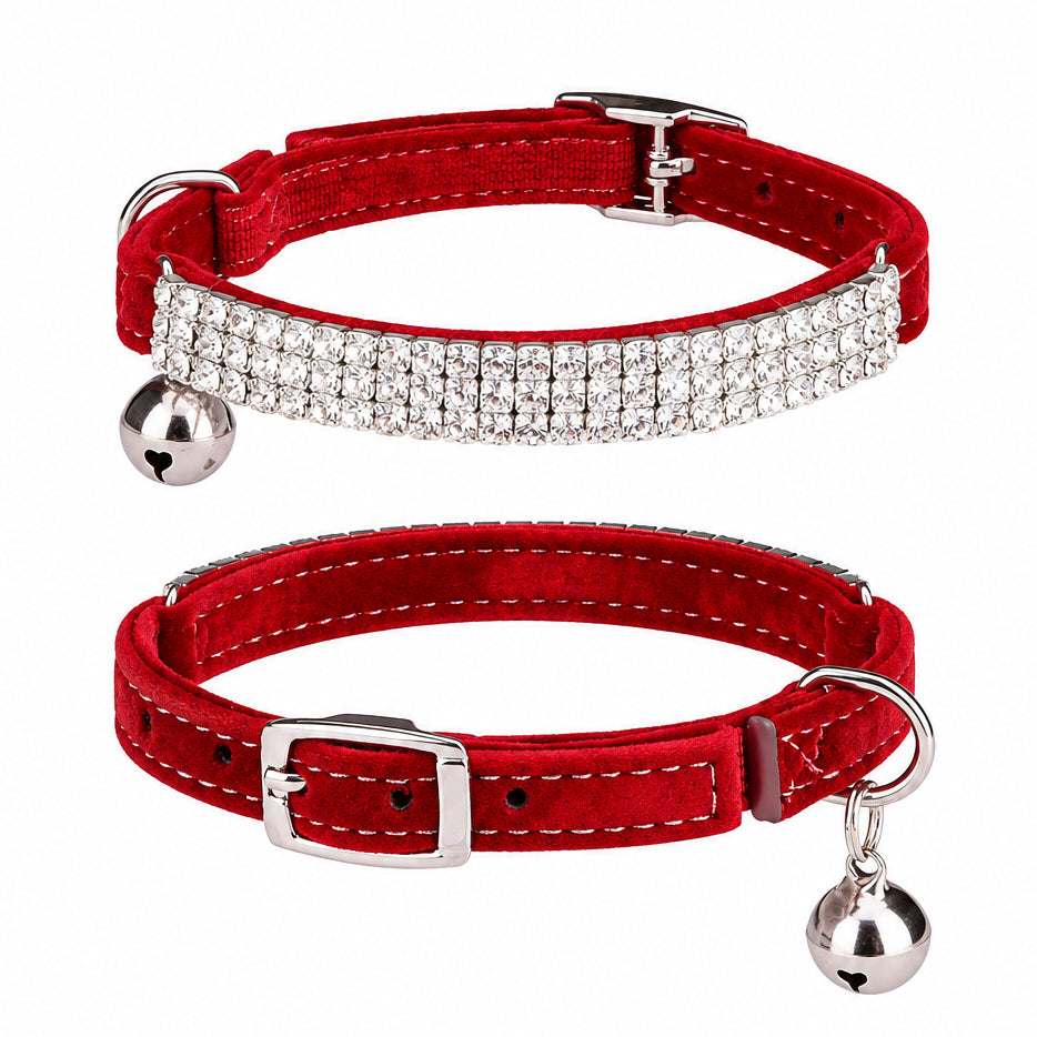 Red Velvet Rhinestone Collar with Bell – Adjustable One-Size for Cats & Small Dogs