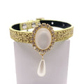 Yellow gold sparkle pet collar with oval pearl centerpiece rhinestone surround and pearl dangle pendant for cats and dogs — Pretty Posh Pets