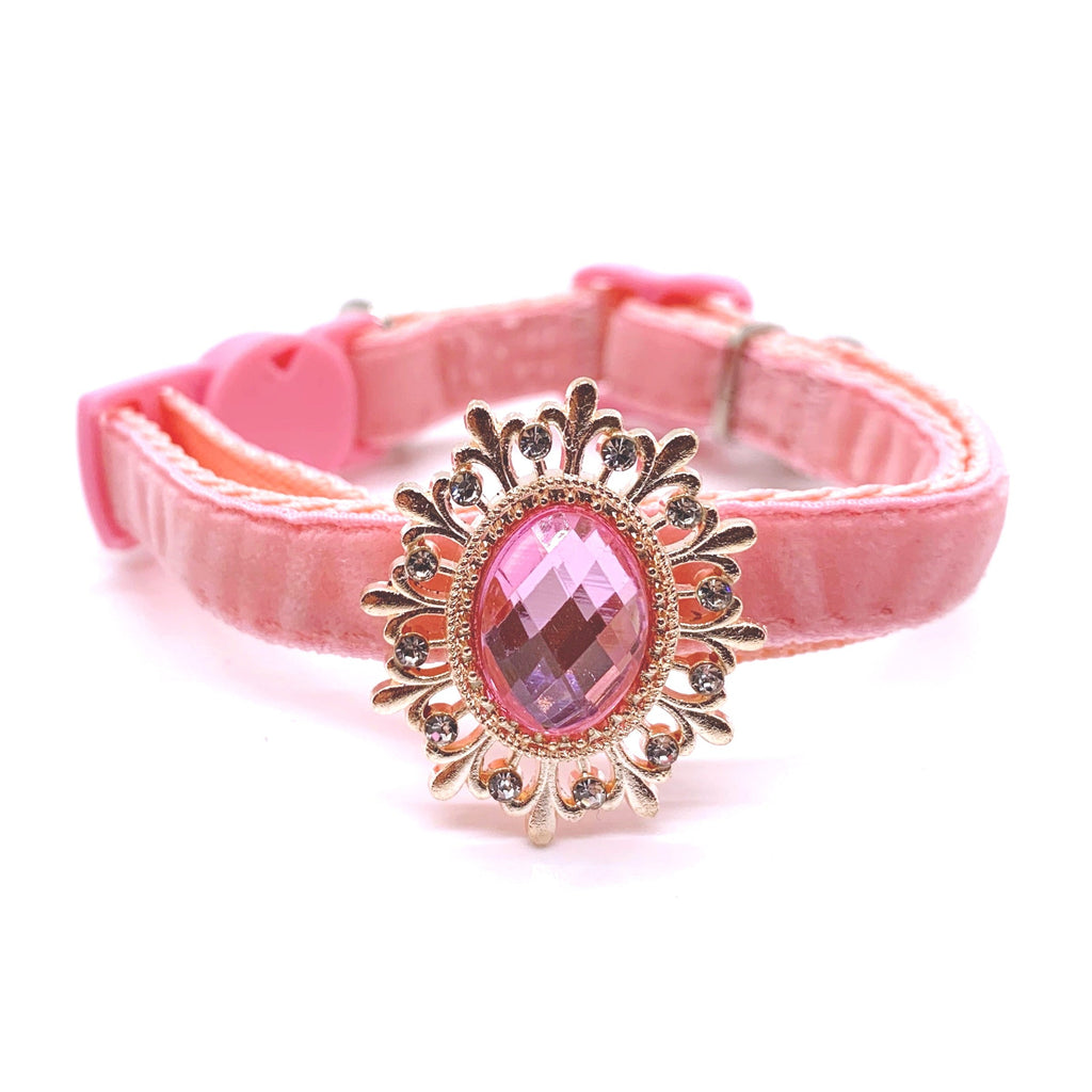 Pink velvet pet collar with large oval pink gem and rose gold sunburst filigree rhinestone centerpiece — luxury dog collar