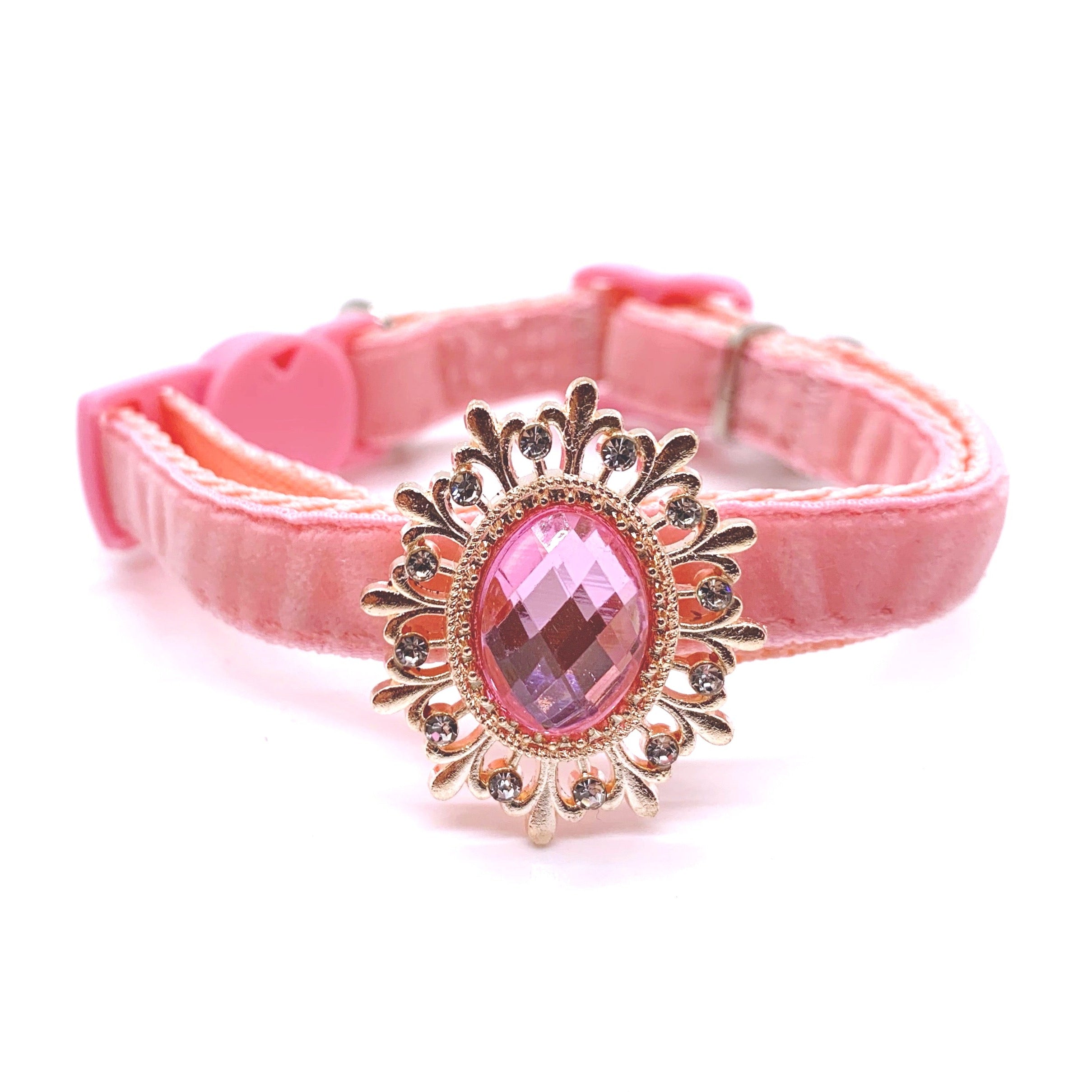 Pink velvet pet collar with large oval pink gem and rose gold sunburst filigree rhinestone centerpiece — luxury dog collar
