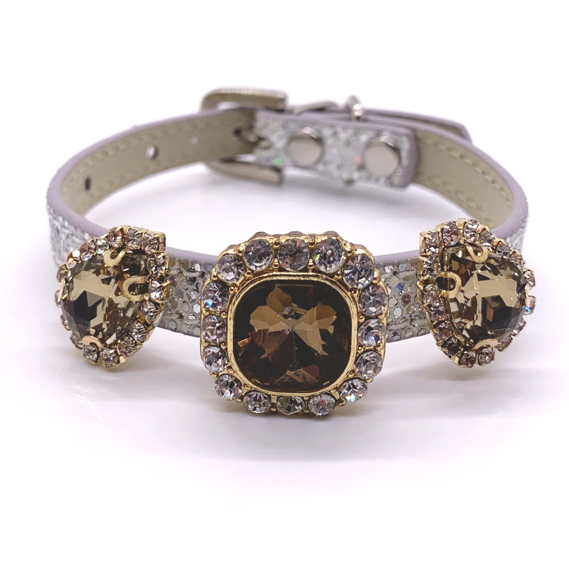 Silver sparkle pet collar with three champagne cushion-cut crystal rhinestone embellishments for cats and dogs