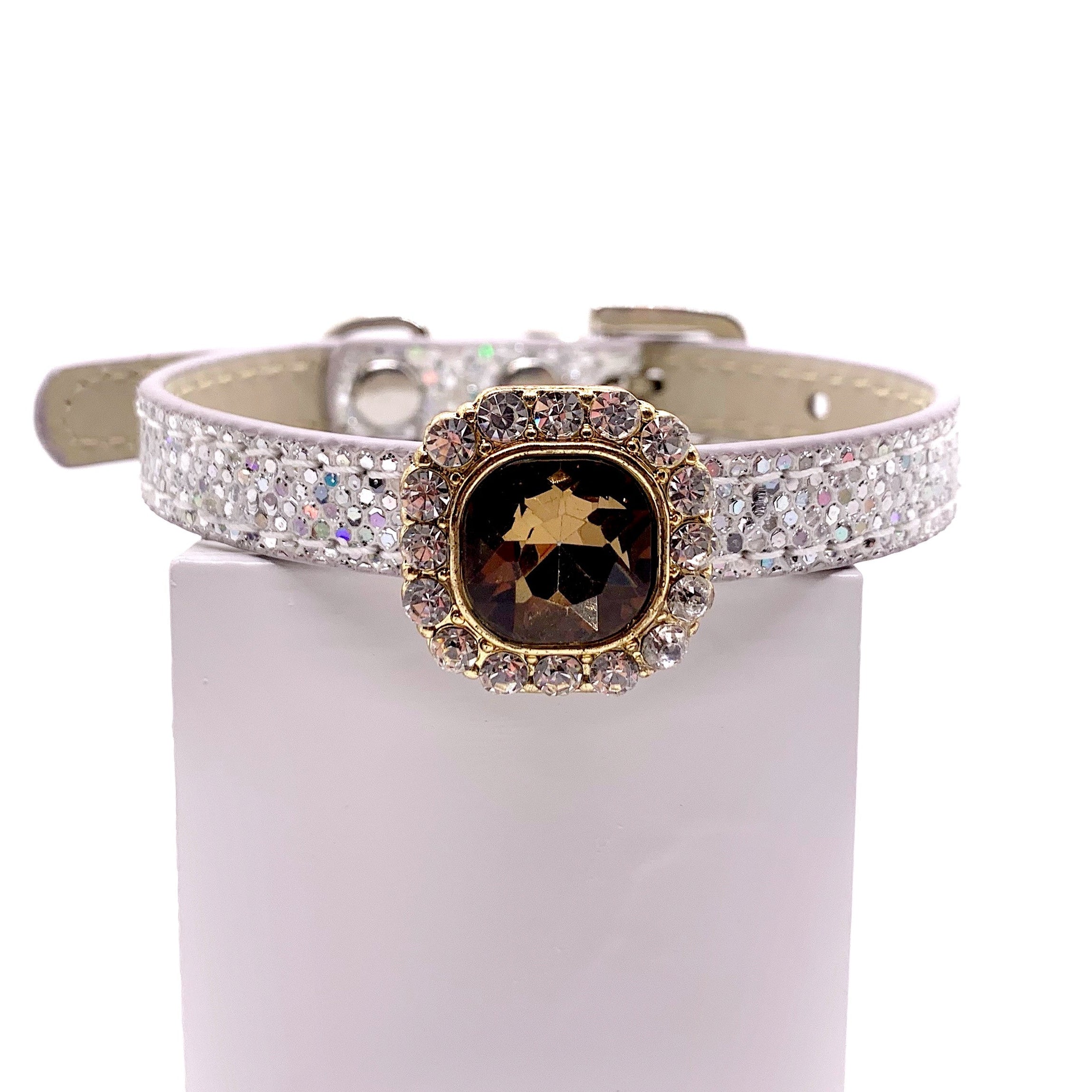 Silver glitter sparkle pet collar with champagne cushion-cut crystal rhinestone centerpiece embellishment for cats and dogs