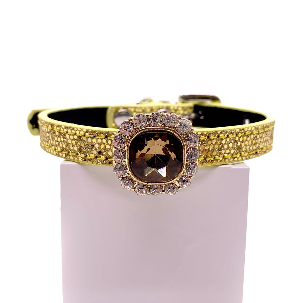 Yellow gold glitter sparkle pet collar with champagne cushion-cut crystal rhinestone centerpiece embellishment for cats and dogs