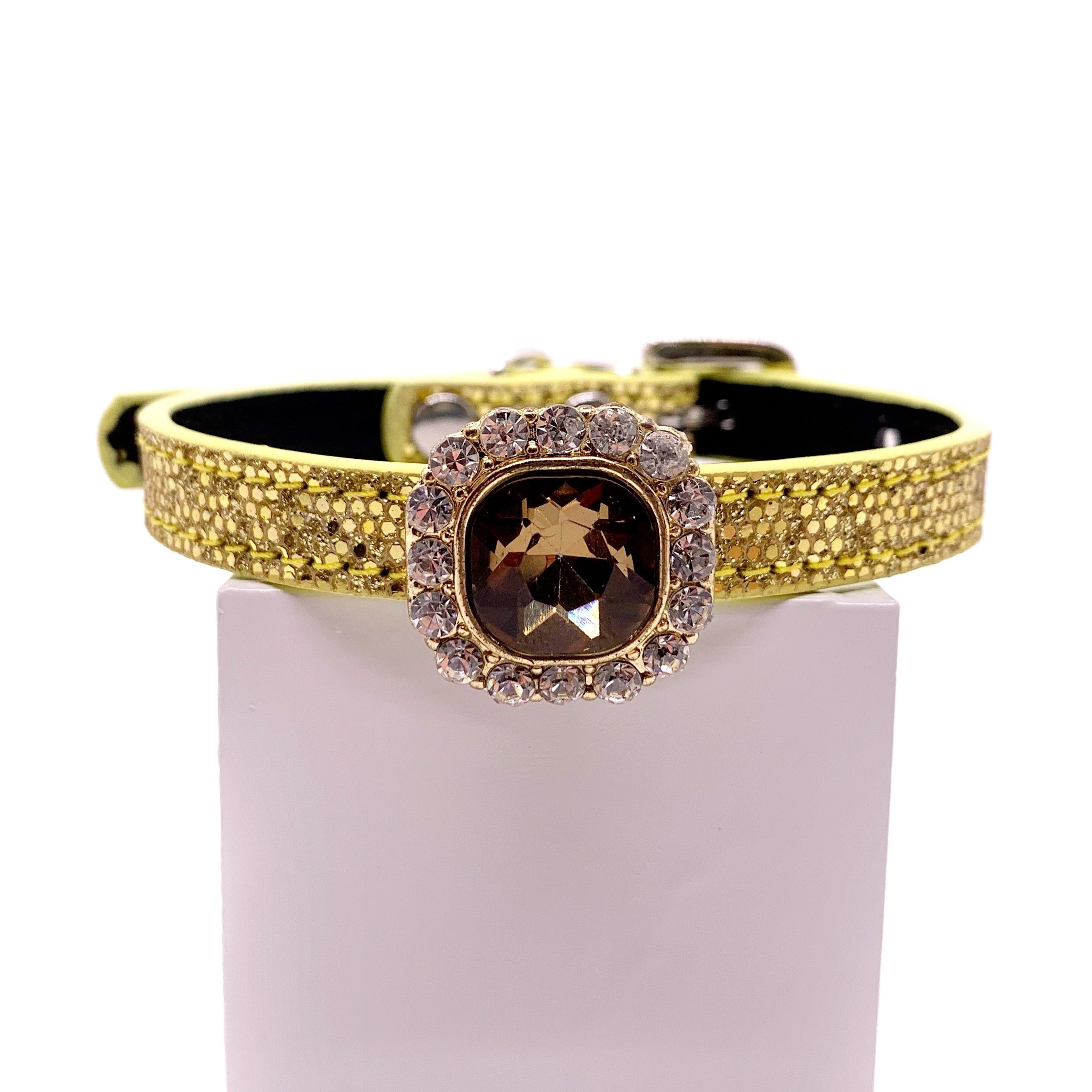 Yellow gold glitter sparkle pet collar with champagne cushion-cut crystal rhinestone centerpiece embellishment for cats and dogs