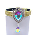 Yellow gold glitter dog collar with large aurora borealis teardrop crystal sunburst centerpiece and dangling AB crystal drop
