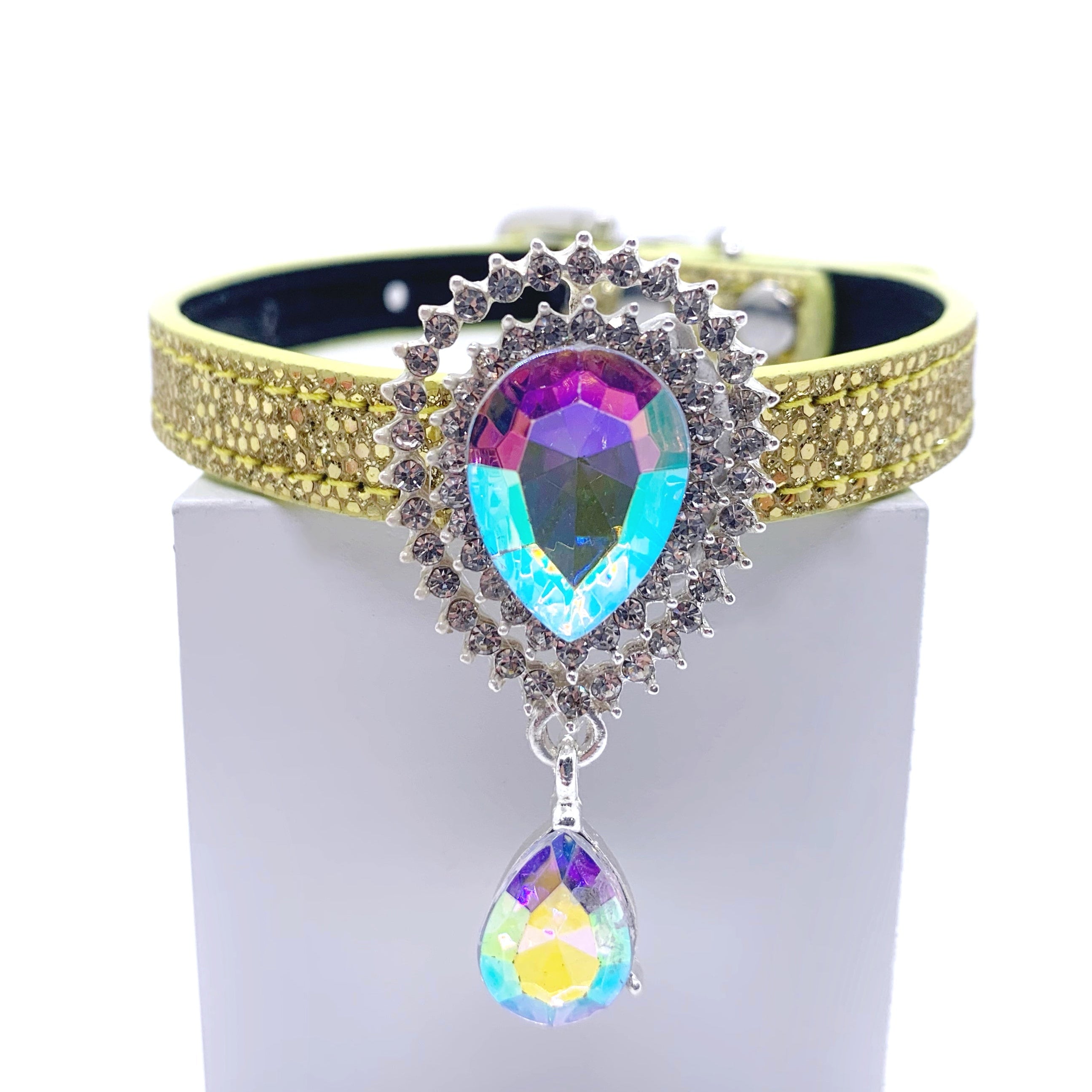 Yellow gold glitter dog collar with large aurora borealis teardrop crystal sunburst centerpiece and dangling AB crystal drop