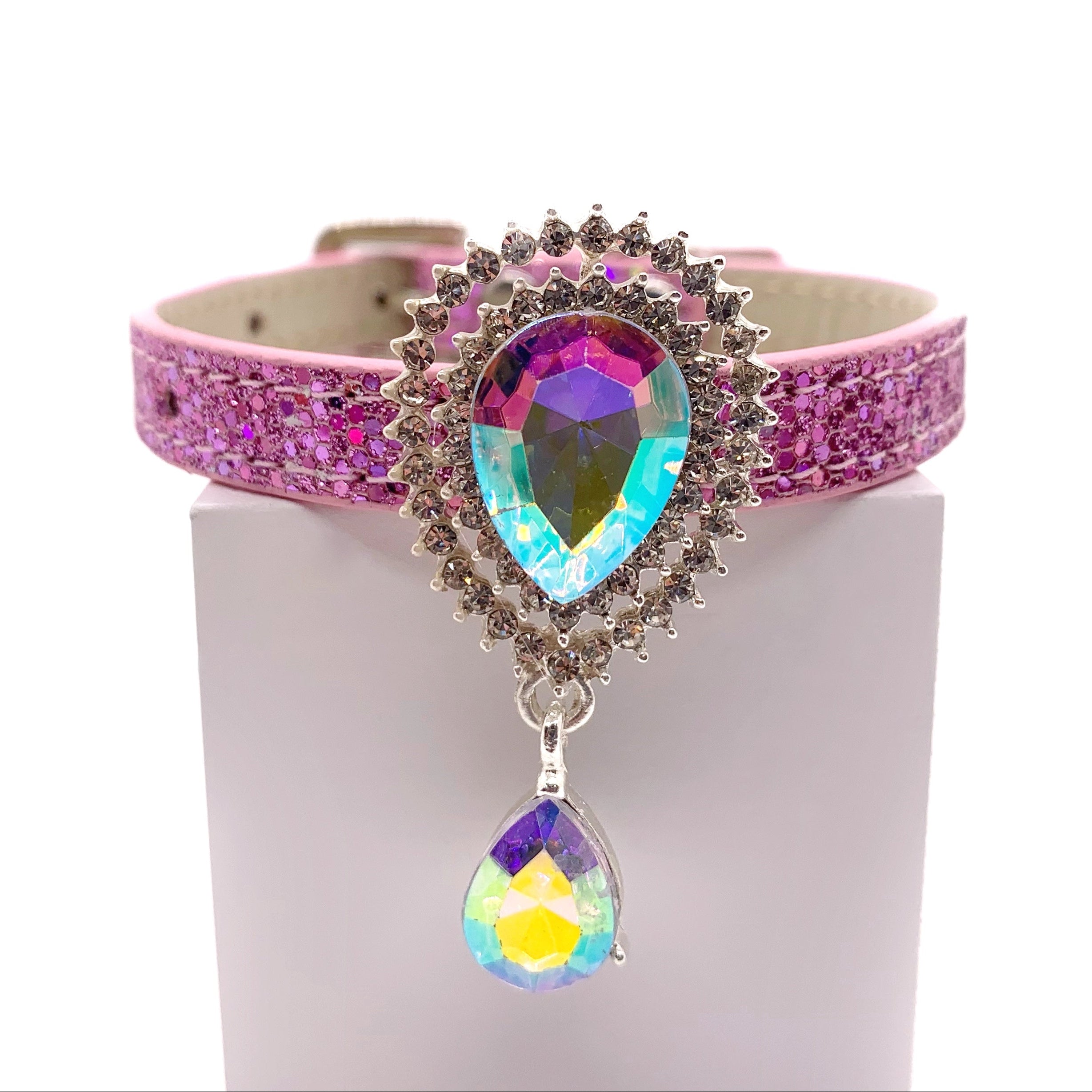 Pink glitter dog collar with large aurora borealis teardrop crystal sunburst centerpiece and dangling AB crystal drop