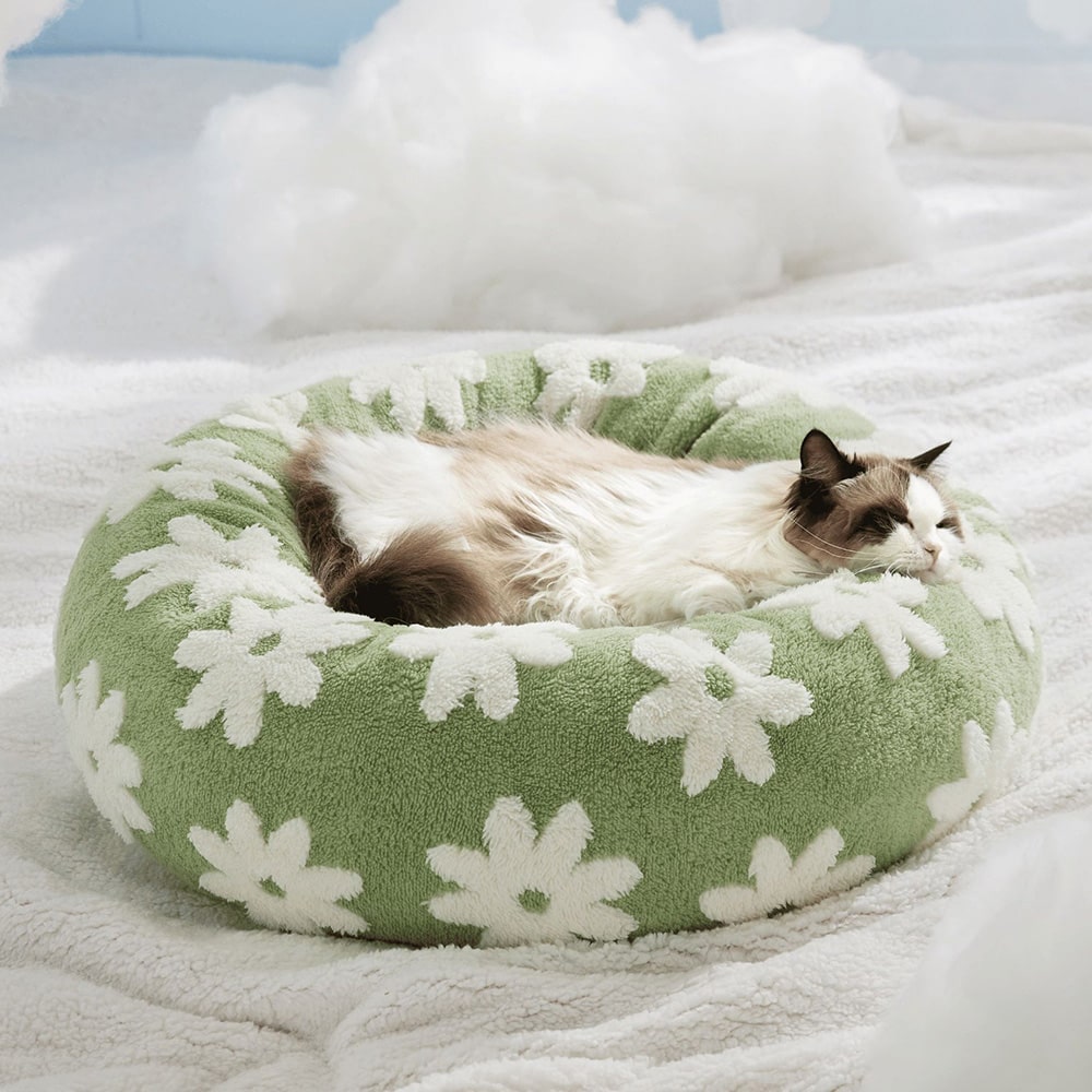 Round Donut Pet Bed – Brown & White Checkered | Calming Plush Dog & Cat Bed, 4 Sizes
