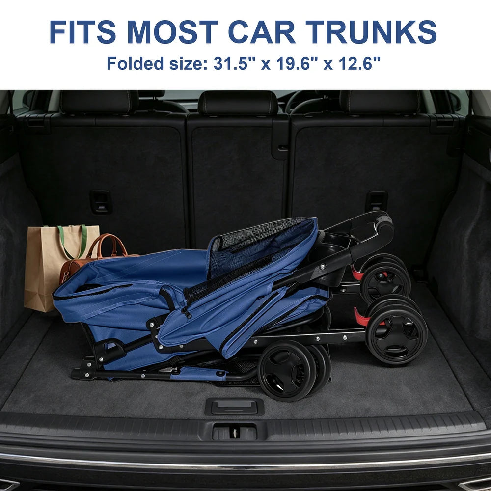 A folded blue stroller or baby seat placed inside a car trunk, with text at the top reading 'FITS MOST CAR TRUNKS' and 'Folded size: 31.5" x 19.