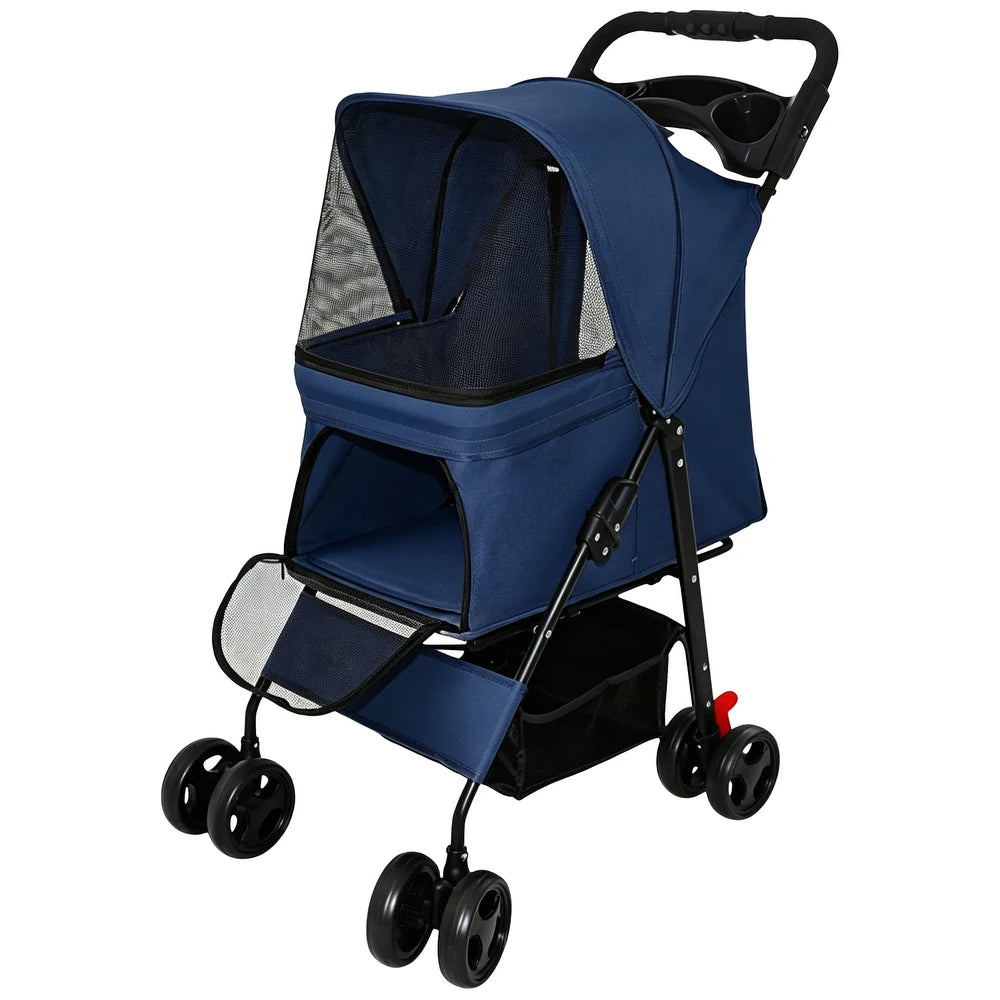 A navy blue pet stroller with a black frame and four wheels, featuring mesh side windows and a black handlebar, shown on a solid white background.