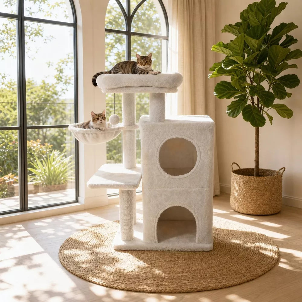 Beige 33.5-Inch Cat Tree with 2-Tier Condo & Padded Perch