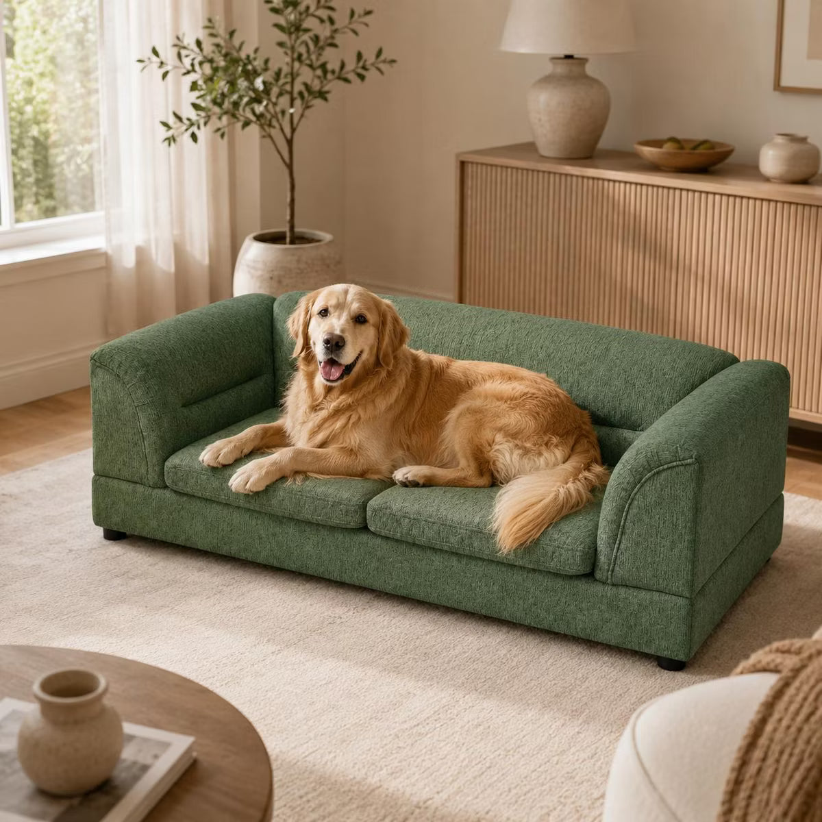 Olive Green Oversized Pet Sofa with Curved Arms