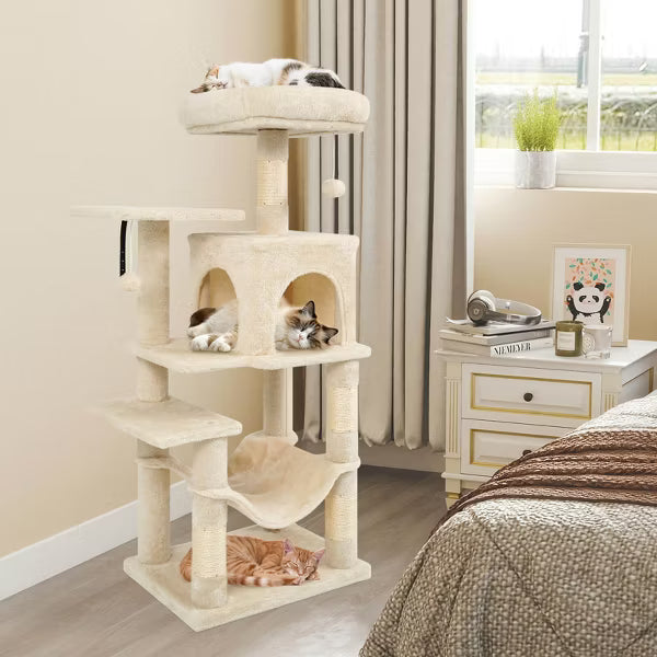 44-Inch Beige Cat Tree with 2-Entry Condo, Hammock & Top Perch