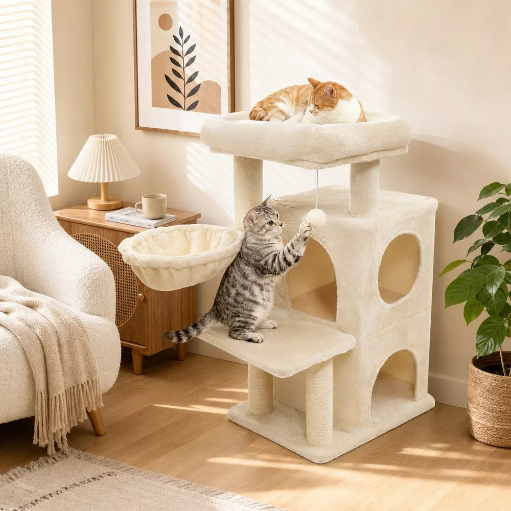 Beige 33.5-Inch Cat Tree with 2-Tier Condo & Padded Perch
