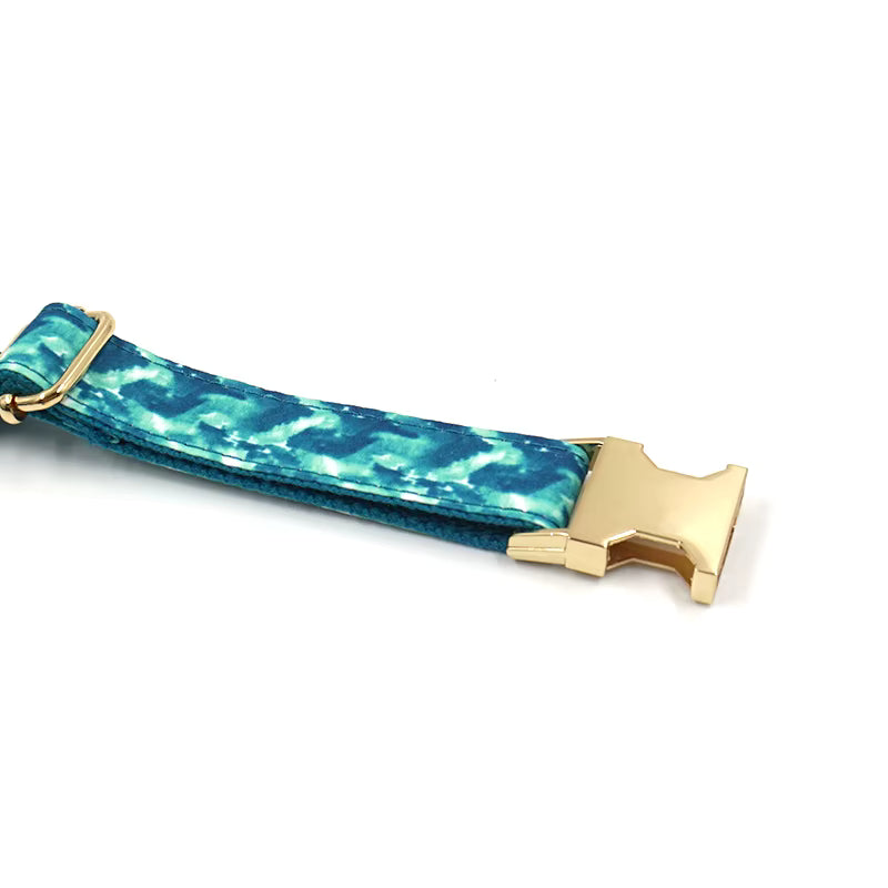 Teal & Blue Dog Collar and Leash Set with Gold Hardware