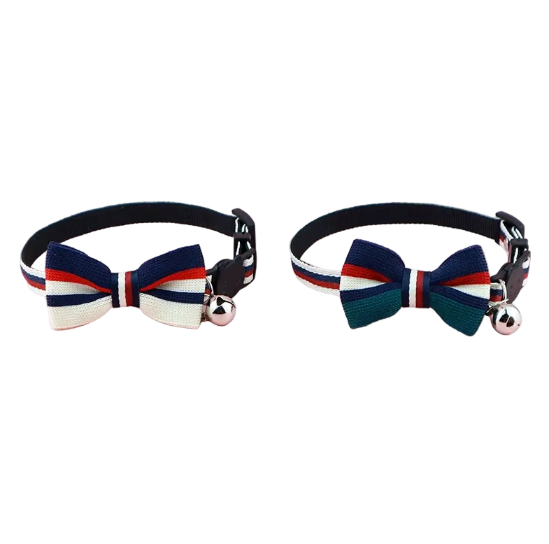 Red, White, Blue & Green Striped Bow Tie Collar with Bell – Adjustable for Cats & Small Dogs