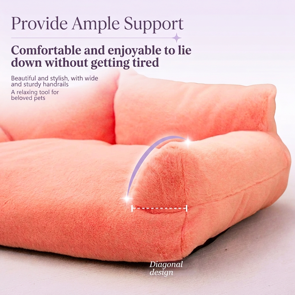A plush pink pet lounger or cushion shown in a styled indoor setting with overlaid marketing text and a white curved arrow highlighting the diagonal support shape. The scene includes a small plush toy in the background and text describing comfort and support.