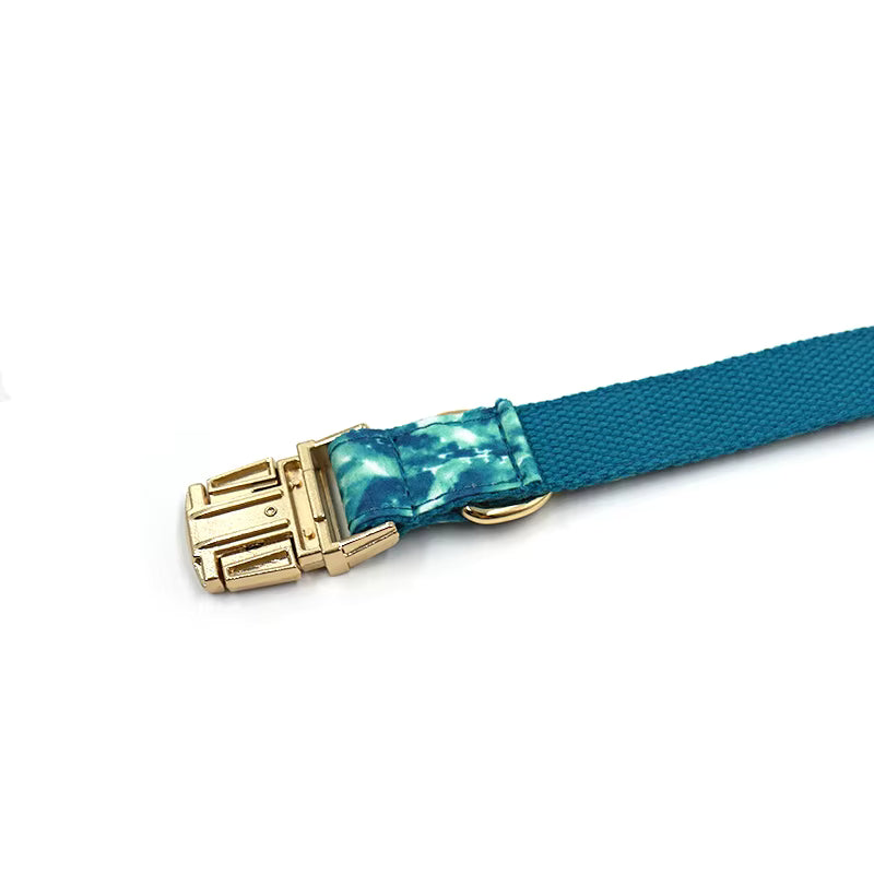 Teal & Blue Dog Collar and Leash Set with Gold Hardware