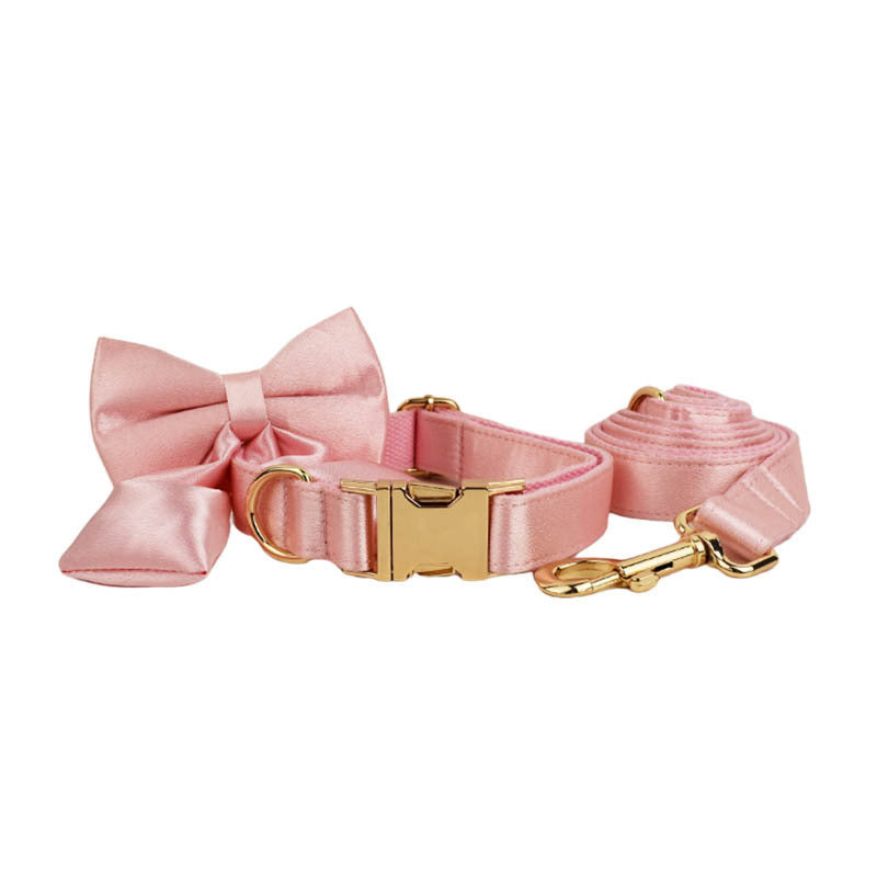 Light Pink Silk Dog Collar, Long Bow & Leash Set