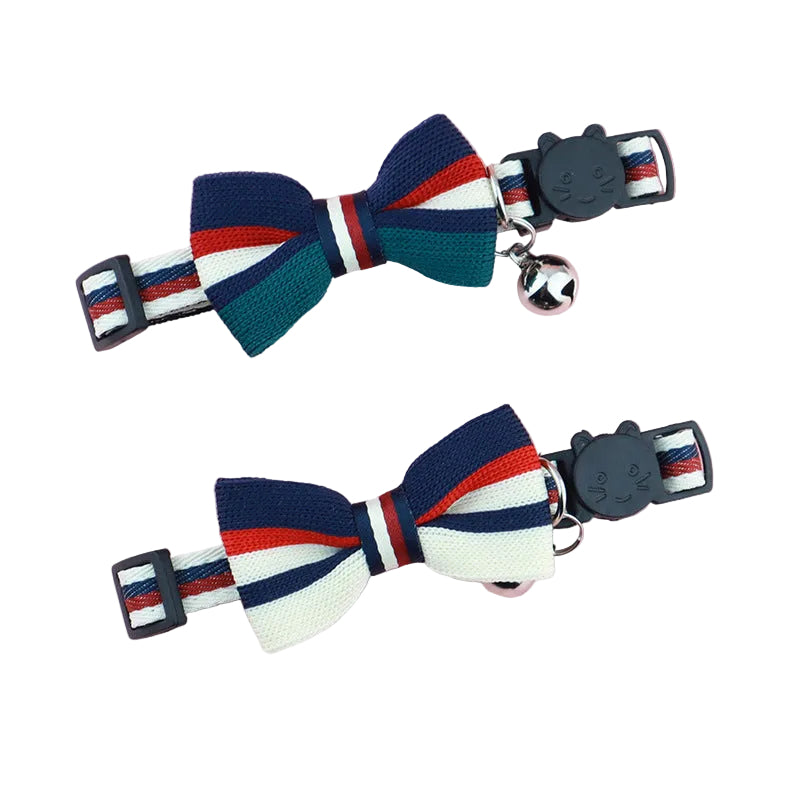 Red, White, Blue & Green Striped Bow Tie Collar with Bell – Adjustable for Cats & Small Dogs