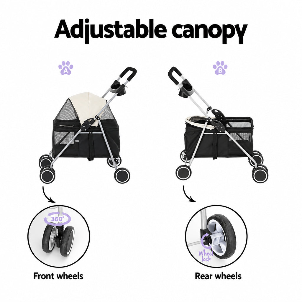 Black Foldable Pet Stroller for Small Dogs and Cats