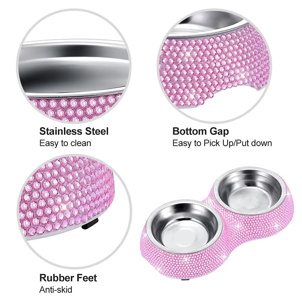 Pink pet bowl with rhinestone embellishments and features highlighted on a white background