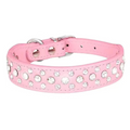 A pink faux leather dog collar embellished with clear rhinestones, featuring a silver-tone buckle and D-ring, shown against a plain white background.