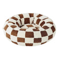 Brown and cream checkered plush round donut pet bed shown at a 3/4 angle on a white background