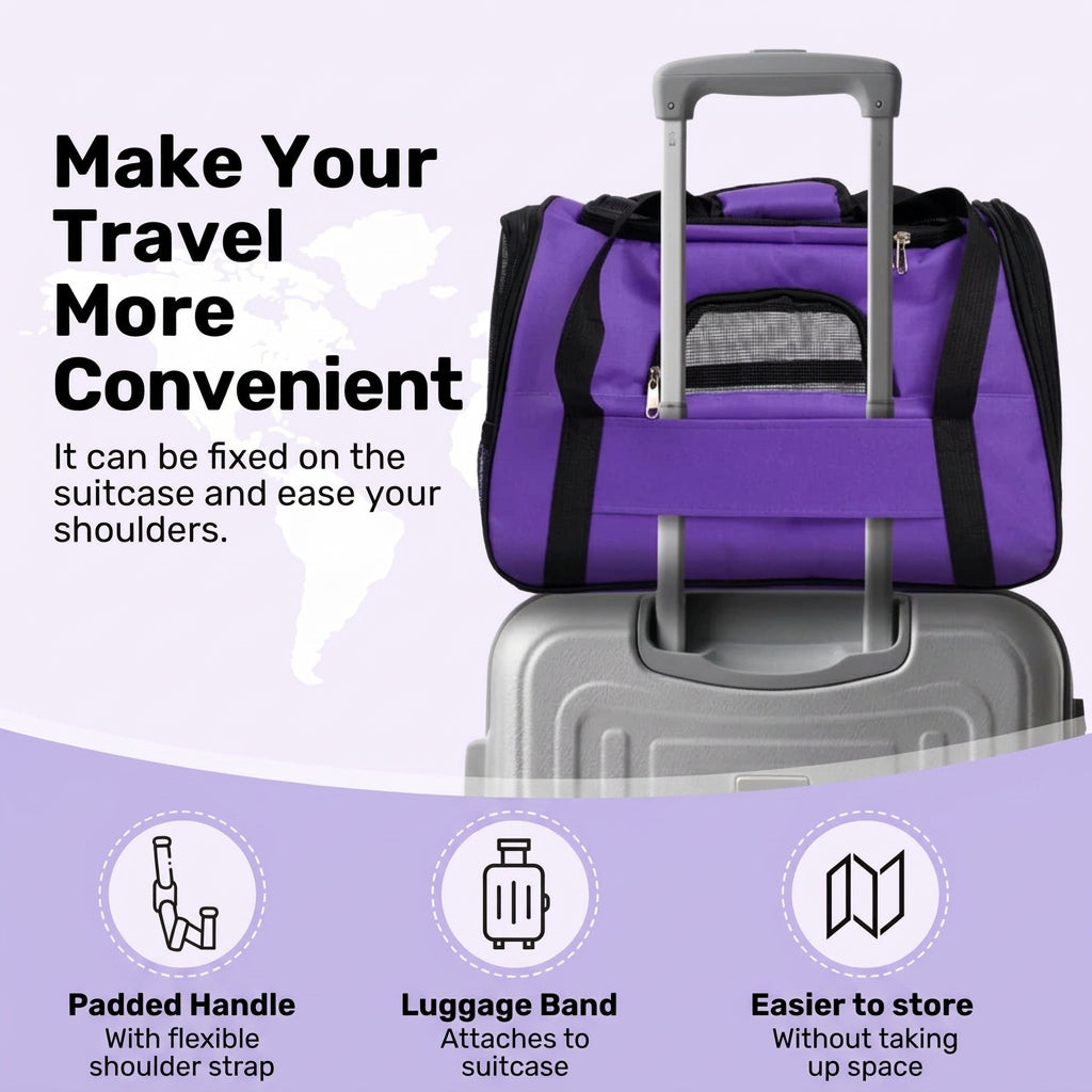 Purple pet carrier sitting on a suitcase with a handle attachment on a white background