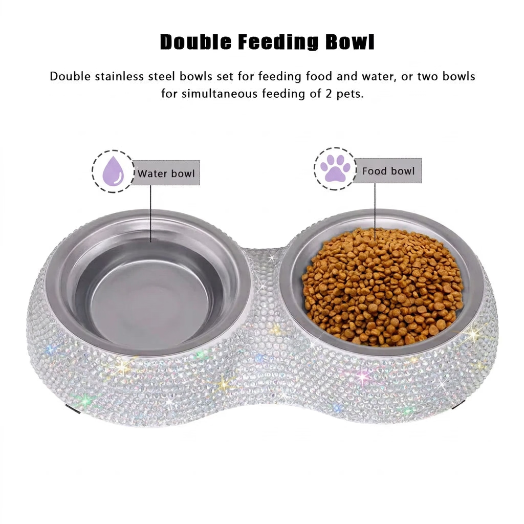 A double stainless steel pet feeding bowl set with a sparkling rhinestone-embellished base, shown on a white background. One bowl contains dry kibble and the other is empty, with text labels indicating water bowl and food bowl.