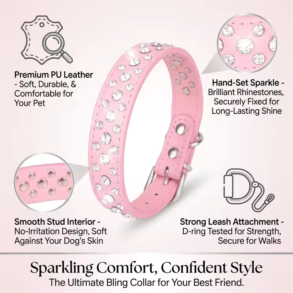 Pink PU leather dog collar with hand-set sparkling rhinestones, shown on a light pink background with informational callouts about its texture, interior stud design, and strong leash attachment.